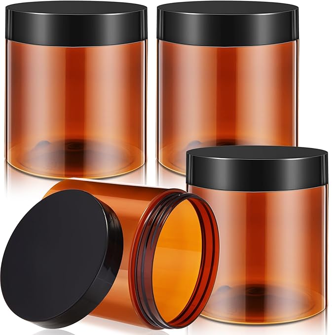 Patelai 4 Pieces Round Wide-mouth Leak Proof Plastic Container Jars with Lids for Travel Storage Makeup Beauty Products Face Creams Oils Salves Ointments DIY Making(16 Ounce,Amber)