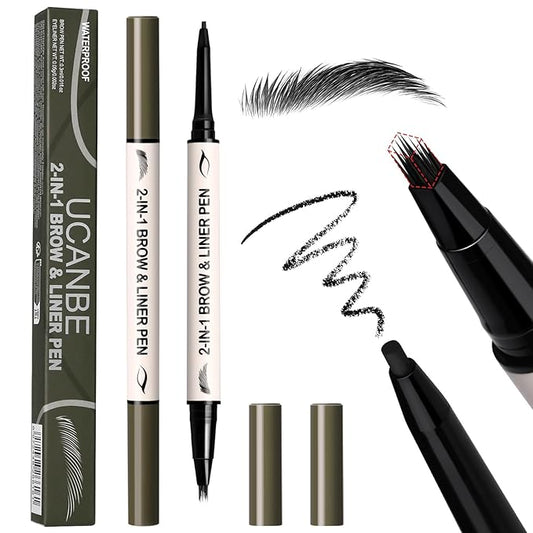 UCANBE 2-in-1 Eyebrow Pen & Gel Eyeliner Pencil – Microblading Eye Brow Pencil with Brow-Fection Angled Brush Tip + 1.5mm Ultra-Fine Eye Liner, Waterproof, Quick-Dry, Long Lasting (Black)