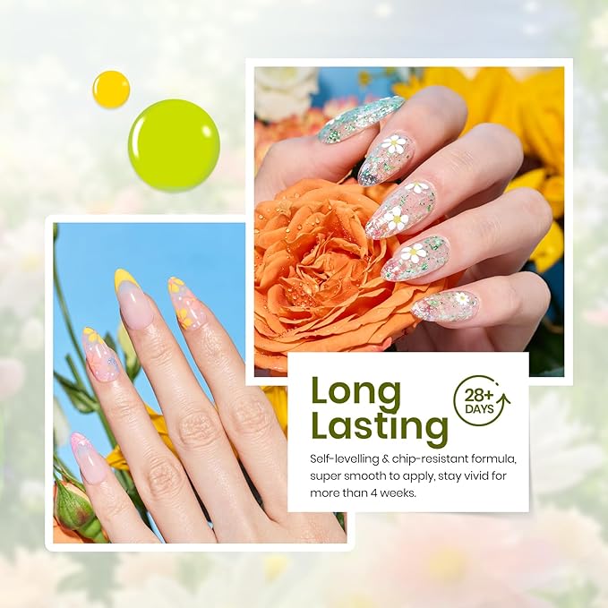 Beetles Gel Nail Polish Set, Yellow Coral Green Glitter Pastel Gel Polish with Bees Stickers 6 Color Summer Buzzy Field Theme for Nail Art Gift for Women