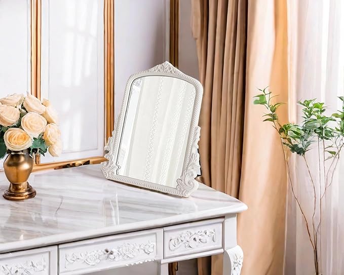 11.8" x 9.6" Small White Arched Vanity Mirror, Vintage Makeup Mirror Baroque Style Arendahl Carved Mirror with Frame for Desk Decorative Table Aesthetic for Dresser,Bedroom,Living-Room