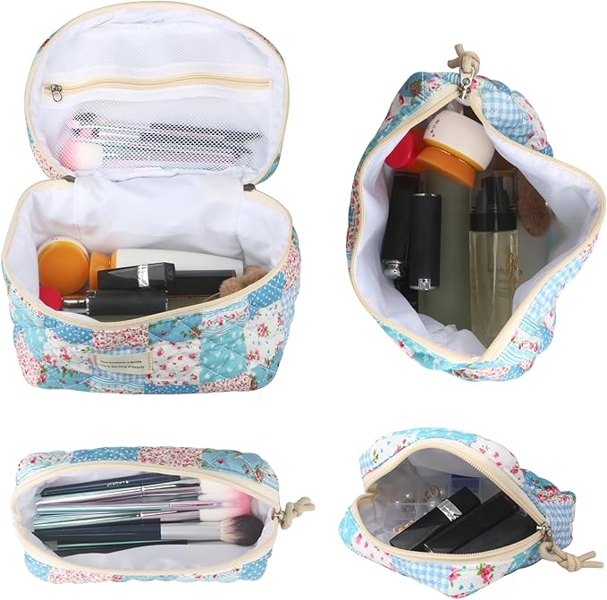 VIWIME Makeup Cosmetic Bag, Large Cotton Quilted Travel Coquette Aesthetic Cute Floral Make up Bag for Women Toiletry Bag Organizer(Grid Rose/4Pcs)