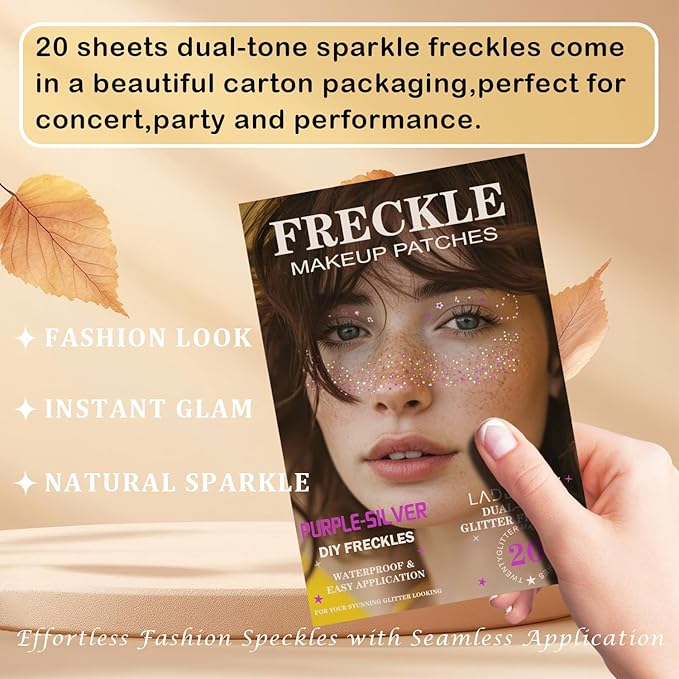 20 Pcs Purple and Silver Face Makeup Patches, Purple-silver Glitter Freckles, Halloween Glitter Freckles Face Tattoo, Waterproof Face Sparkle Freckles, Long-Lasting 48h Freckles for Women