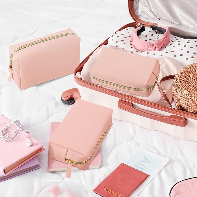 8 Pcs Makeup Bag Pu Leather Cosmetic Pouch Waterproof Small Toiletry Bag Portable Cosmetic Organizer Water Resistant Storage Purse for Lady Women Daily Storage Travel Organizer (Pink,Medium)