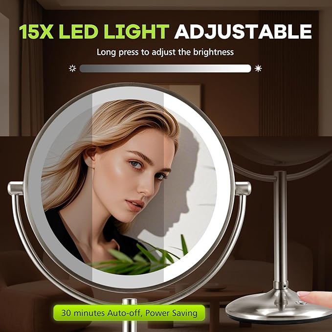 M MIVONDA Makeup Mirror with Lights, Lighted Makeup Mirror with 1X/10X Magnifications, 9 Inch Double Sided Light up Mirror with 360° Rotation