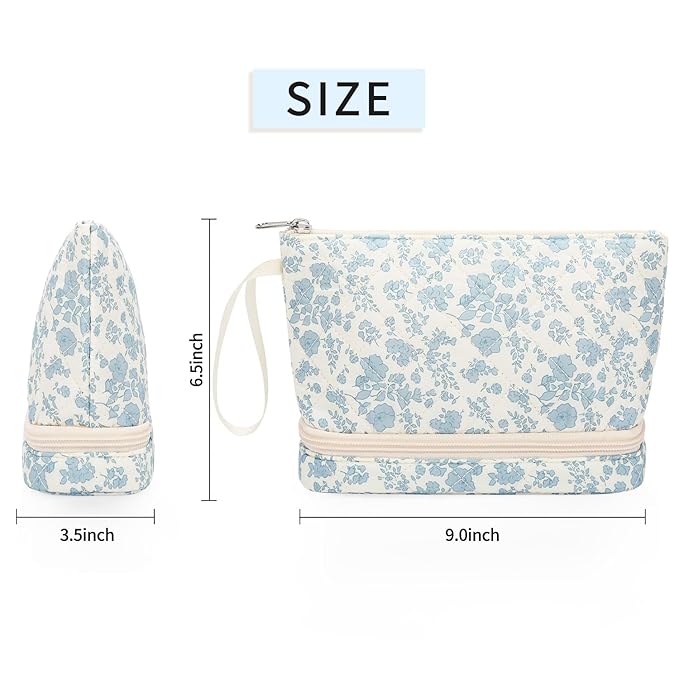 Ethereal Small Makeup Bag, 2 Layers Travel Make up Organizer Bag with Makeup Brush Holder, Portable Cosmetic Bag for Women/Girls, Blue Flower