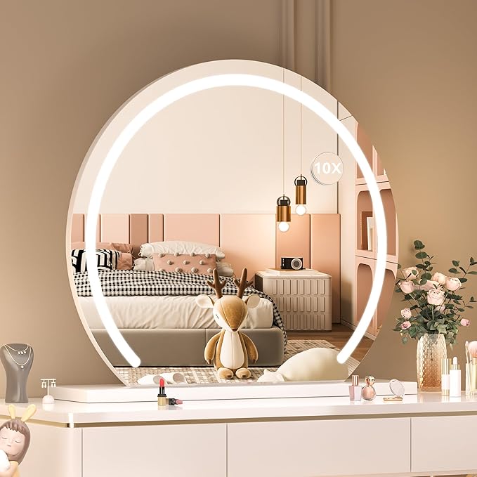 Hasipu Vanity Mirror with Lights, 24" x 22" LED Makeup Mirror, Lighted Makeup Mirror with Lights, Smart Touch Control 3 Colors Dimmable Mirror White