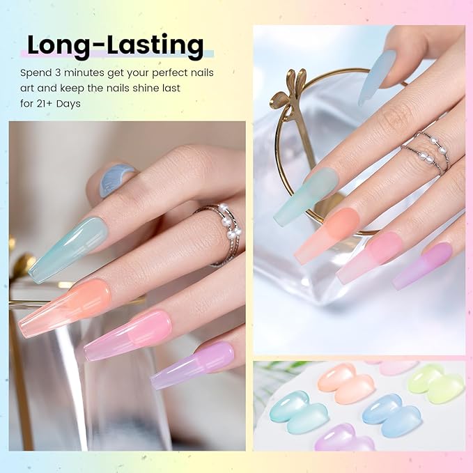 RARJSM Pastel Stained Glass Gel Nail Polish Set 6pcs Clear Orange Yellow Blue Pink Purple Crytal Transparent Jelly Series Sheer Amber Gel Varnish LED UV Curing Requires Spring Easter French Manicure