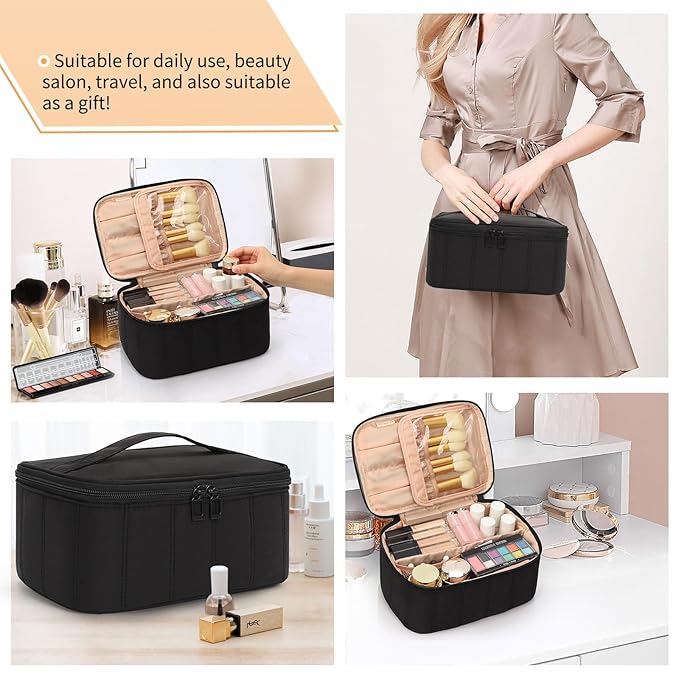 OCHEAL Black Makeup Bag - Portable and Spacious Cosmetic Organizer for Women's Travel with Handle, Divider, Large Capacity for Girls on the Go-Black