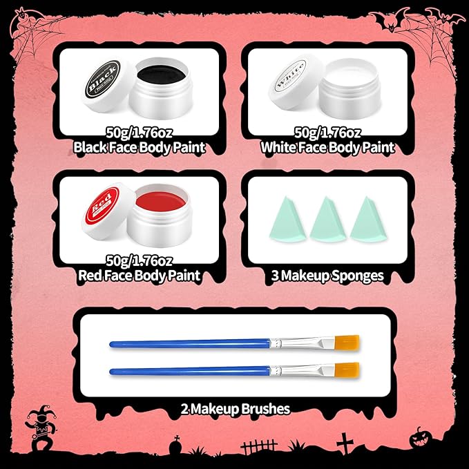Clown Makeup Kit, Black White Red Face Body Paint Professional Oil-Based Body Face Paint Halloween Joker Makeup Kit for Adults Special Effects SFX Zombie Vampire Skeleton Cosplay Makeup
