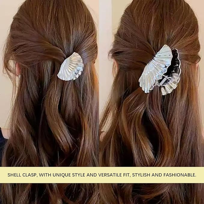 2pcs Seashell Hair Clip Fashion Sweet Shell Hair Claw Metal Shell Claw Clip Hair Accessories for All Hair Types, Such as Thick, Long, Straight, and Curly Hair (Silver (1 large + 1 small)