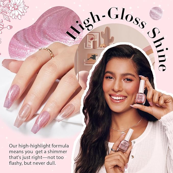 AZUREBEAUTY Cat Eye Nail Polish Set Quick Dry Nude Purple Glitter 2 Colors Nail Lacquer Natural Shine DIY Salon Home Women Gifts 2Pcs 0.34oz