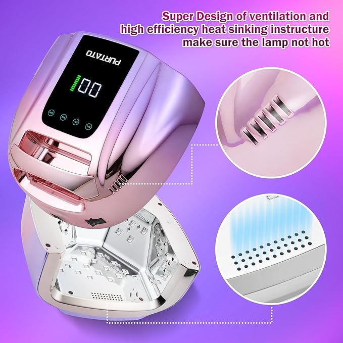 Professional Rechargeable 96W UV LED Portable Cordless UV Light for Nail Lamp Machine with Removable Stainless Steel Bottom,4 Timer Setting and Smart Sensor Nail Dryer (Gradient Purple)