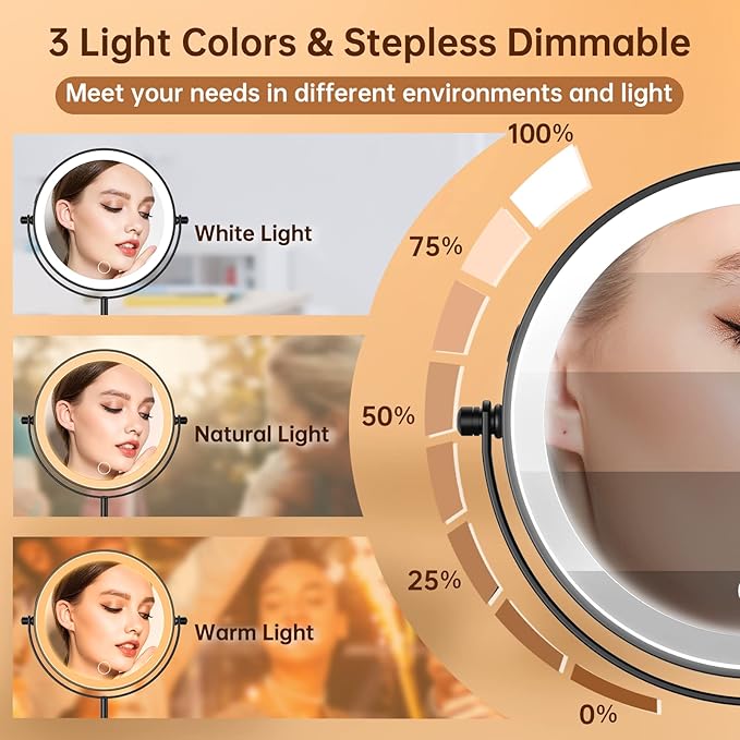 Gospire 7" Lighted Makeup Mirror with Magnification 10X/1X, Height Adjustable & 3 Color Dimmable Lights, 360° Swivel Double Sided Light up Rechargeable LED Cosmetic Vanity Cordless Standing