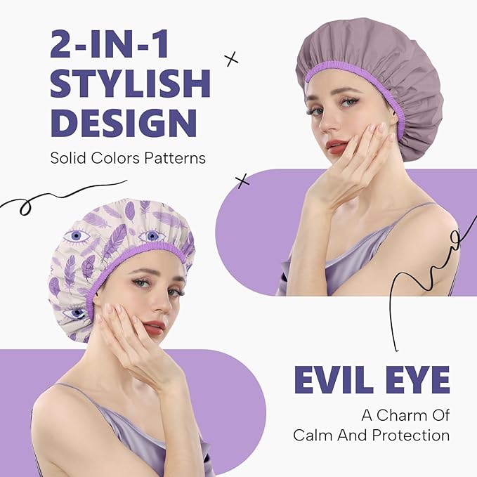Years Calm Evil Eye Shower Caps for Women Reusable Waterproof, Pattern and Solid Color Dual-Layer Design, Hair Cap for Shower with Elastic Band, Fits Braids, Dreadlocks & Long Hair (Purple)