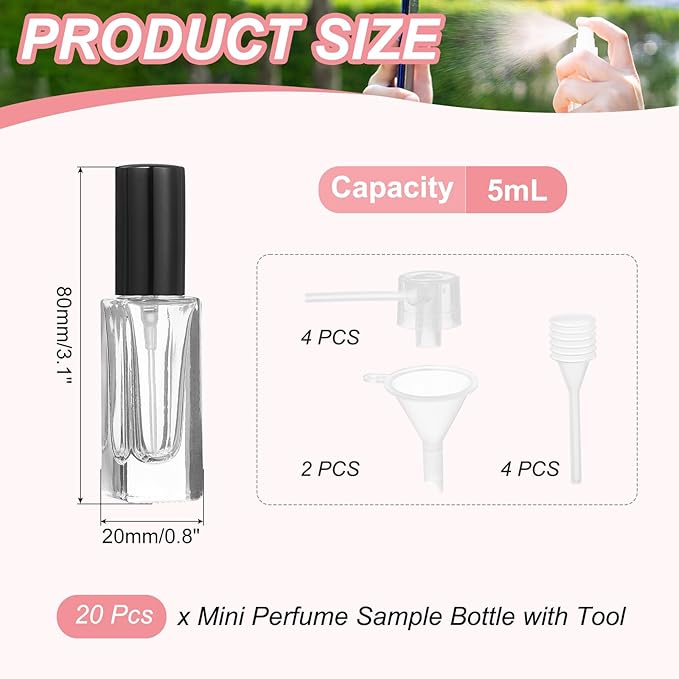 uxcell 5ml Glass Mini Perfume Bottles, 20Pcs Fine Mist Bottle Refillable Empty Mini Spray Bottles with Aluminized Nozzle for Perfume, Travel Liquid, Essential Oil(Square, Clear/Black)