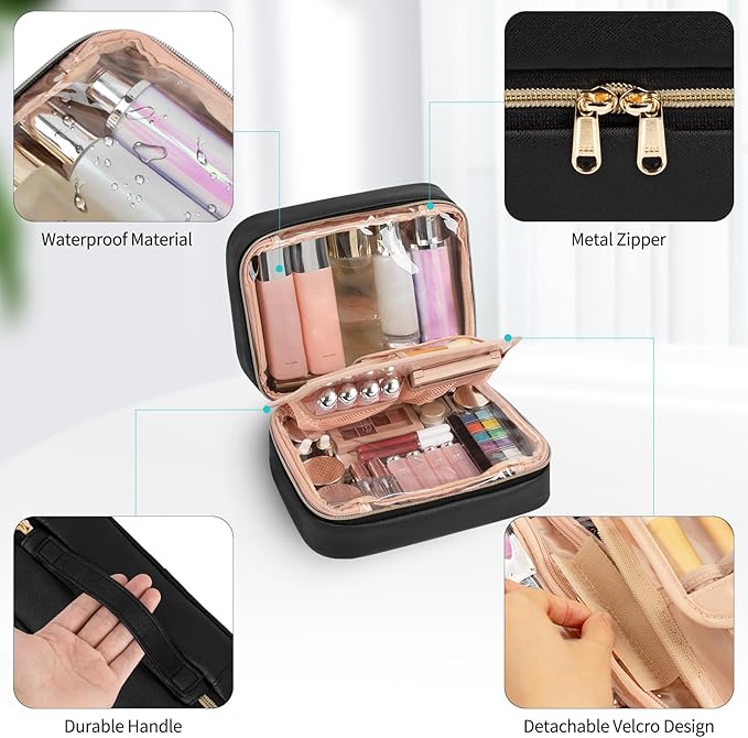 OCHEAL Makeup Bag, Makeup Travel Bag Large Capacity Waterproof Cosmetic Organizer Bag, with Makeup Brush Compartment & Handle for Women Girls Travel Toiletry Accessories-Black