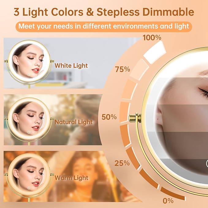 Gospire 7" Lighted Makeup Mirror with Magnification 10X/1X, Height Adjustable & 3 Color Dimmable Lights, 360° Swivel Double Sided Light up Rechargeable LED Cosmetic Vanity Cordless Standing Mirror