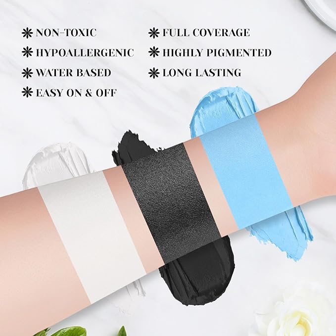 Black White Light Blue Face Body Paint Stick Set with Translucent Setting Powder and Sponges, Professional Full Coverage Face Painting for Adult Halloween Cosplay SFX Corpse Bride Skull Makeup