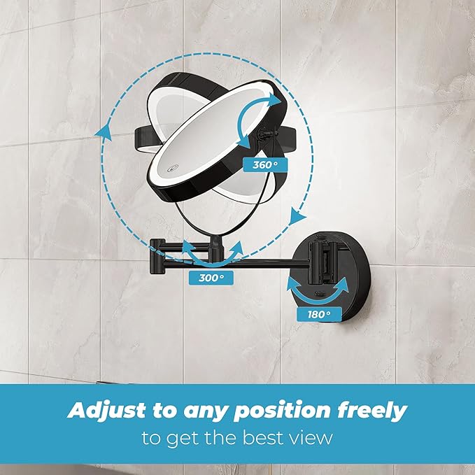 Fab Glass and Mirror Rechargeable Lighted Makeup Mirror 8 Inch, 1x/10x Magnification 3 Color Lights Touch Screen Dimmable 360° Rotation, Wall Mounted Magnifying Mirror Wall Mounted Mirrors (Black)