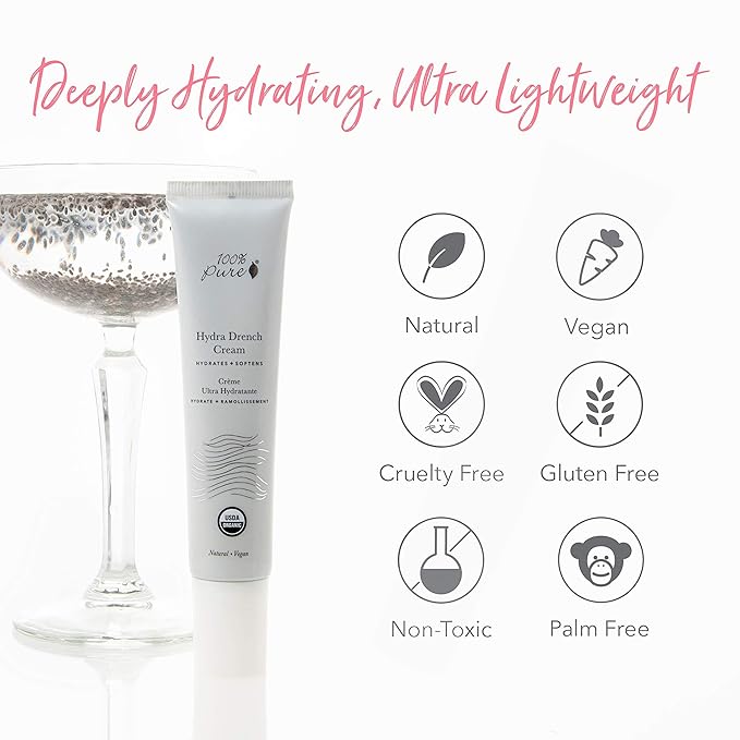 100% PURE Hydra Drench Cream, Daily Face Moisturizer with Hyaluronic Acid, Rose Water, Skin Care for All Skin Types, Natural Face Cream - 1.4 Fl Oz