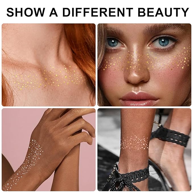 20PCS Glitter Freckles, Glitter Freckles Face Tattoo, Sparkle Freckles for Women and Kids, Cute Star Waterproof Rose Gold Temporary Face Tattoos Glitter Glow Up Patches Makeup Patches (Rose Gold)