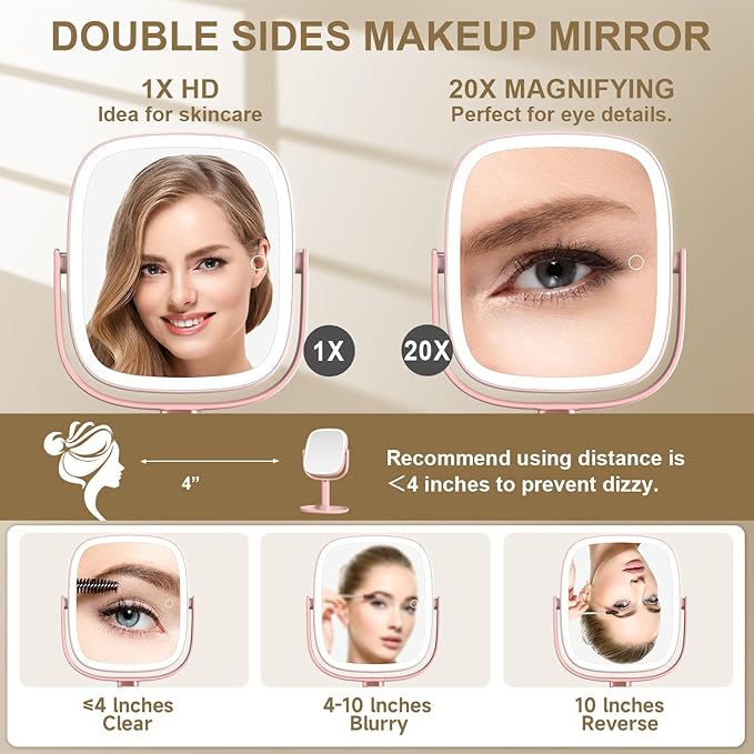 Mocado Makeup Mirror with Lights, 1X/20X Magnifying Mirror with Light, Vanity Mirror with 3 Colors Lights, Height Adjustable Lighted Makeup Mirror, Double Sided 360°Rotation, Memory Function (Pink)