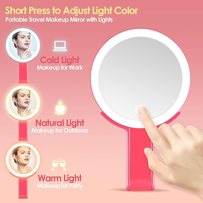 MIYADIVA Magnifying Mirror with Light, Double Sided 30X/1X Lighted Travel Makeup Mirror with Magnification, 3 Color Lighting, Dimmable Touch Screen, Adjustable & Foldable Hand Mirror (Pink)