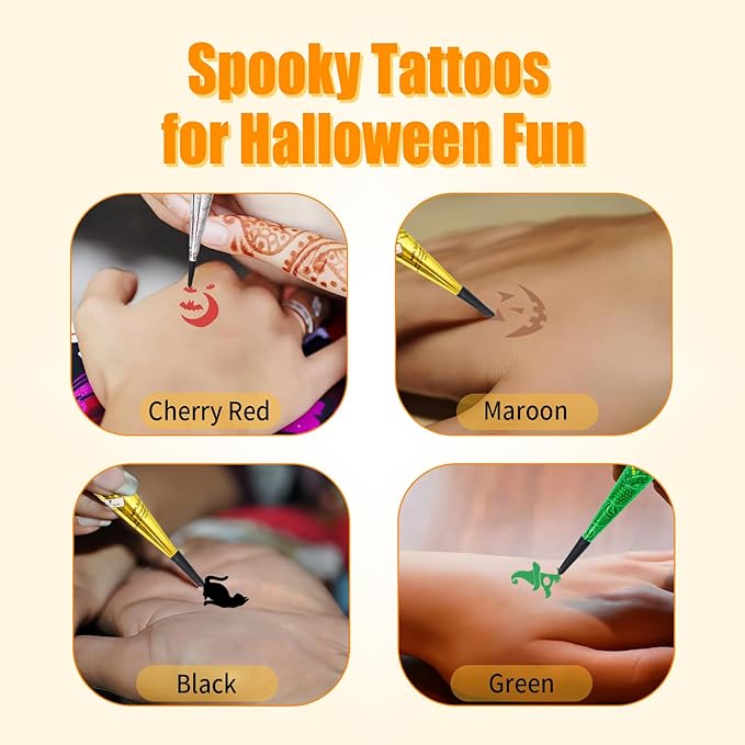 Halloween Temporary Tattoos Stencils Kit,Temporary Tattoos Kit - 4 Pcs 4 Color(Maroon,Black,Cherry red,Green) Ink with Gloves,DIY Body Art Painting for Women Men Adults Kids