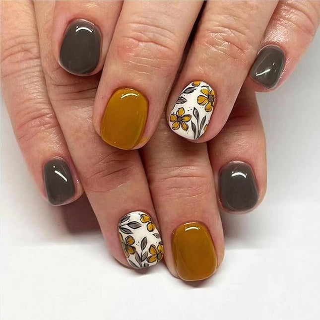 Fall Press on Nails Short Square Fake Nails with Floral Designs Yellow Nails Press ons Grey Acrylic Nails Glossy Glue on Nails Fall Flower Leaves Artificial Stick on Nails for Women Girls 24 Pcs