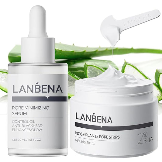 LANBENA 3-in-1 Blackhead Removal Set - Pore Strips (30g), Pore Minimizing Serum (30ml) & Removal Paper - Mask for Face, Minimizes Pores & Leaves Skin Fresh & Clean, Blackhead Remover
