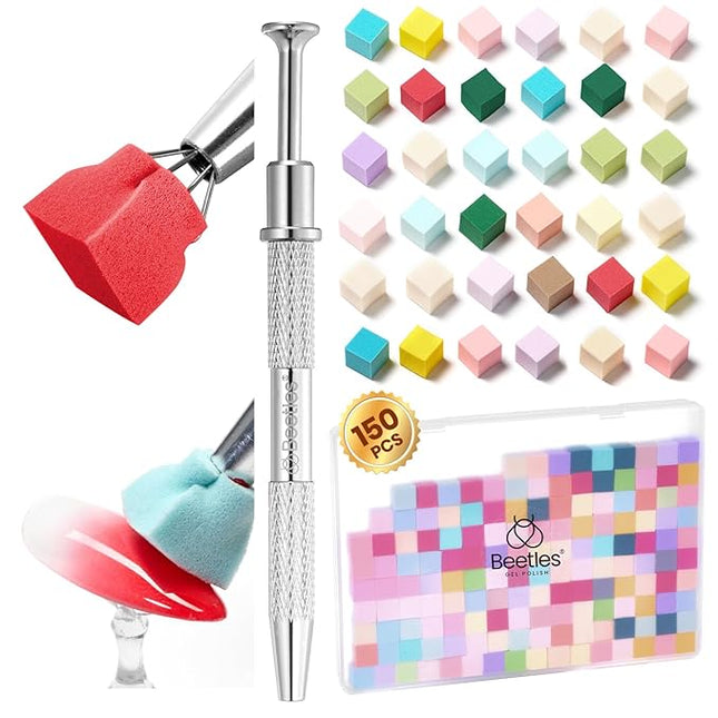 Beetles 150Pcs Soft Nail Sponges for Ombre, Colorful Nail Sponge with Grabbing Pen, Blooming Nails Art Brushes, Gradient Manicure DIY Tools, Professional Accessories Supplies for Home and Salon Use