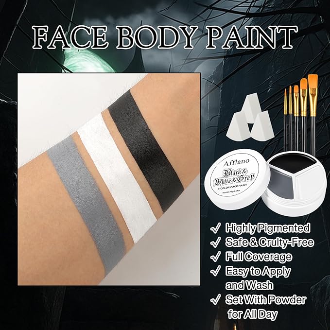 Black White Grey Face Body Paint, Halloween Ghost Skeleton Makeup Kit (3 Sponges + 5 Brushes), 9 Pcs Oil Based Full Coverage Smooth Face Painting Kit for Halloween SFX Clown Costume, Skull, Cosplay