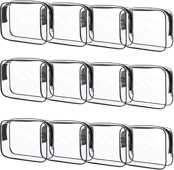 12 Pcs Clear Makeup Bag PVC Waterproof Zippered Clear Cosmetic Toiletry Makeup Carry Pouch for Women Men Vinyl Plastic Organizer Case for Vacation Bathroom (Small, Black)