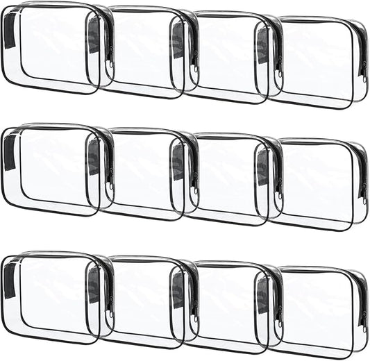 12 Pcs Clear Makeup Bag PVC Waterproof Zippered Clear Cosmetic Toiletry Makeup Carry Pouch for Women Men Vinyl Plastic Organizer Case for Vacation Bathroom (Small, Black)