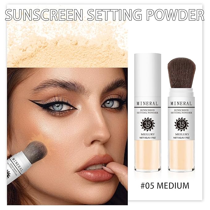 Sunscreen Setting Powder SPF 35, Mineral Brush Powder for Face & Scalp, Oil Control Natural Matte Finish Loose Powder Translucent Lasting Lightweight Breathable for All Skin (#05 Medium)