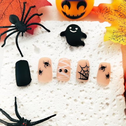 Halloween Press on Nails Medium Square Fake Nails Matte Glue on nails Nude False Nails with Cute Mummy Spiders Webs Design Halloween Nails Black Full Cover Stick on Nails for Women Girls 24 Pcs