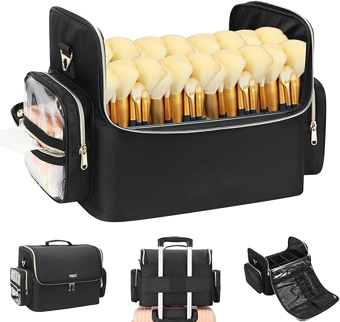 Makeup Brush Case Stand-up Cosmetic Bag Extra Large Makeup Artist Bag Travel Cosmetic Brush Holder Artist Storage Bag Organizer Box with Adjustable Dividers (07-Black（XXX Large）)