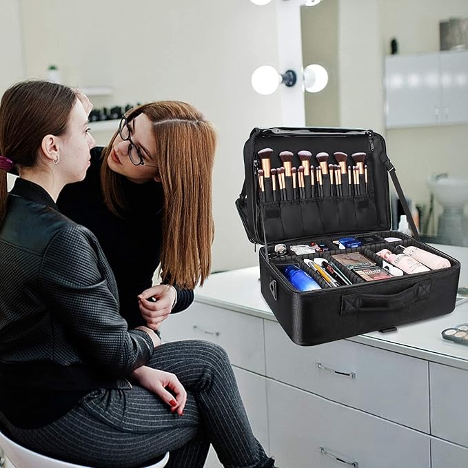 Relavel Extra Large Makeup Case Travel Makeup Train Case Professional Makeup Artist Bag Portable Nail Organizer Box Art Supply Case with Adjustable Dividers/Attach to Trolley/Shoulder Strap (Black)