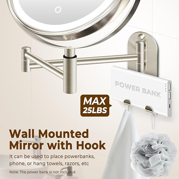 8" Wall Mounted Lighted Makeup Mirror, 3000mAh Rechargeable Double Sided 1X/10X Magnifying Mirror with Hook, 3 Color Lights Touch Dimmable 360° Rotation Vanity Mirror for Bathroom