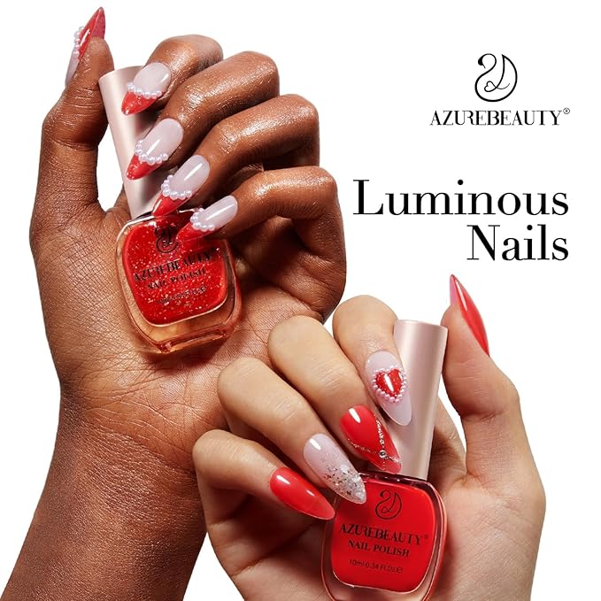 AZUREBEAUTY Red Nail Polish No Gel Quick Dry Gold Foil Glitter 2 Colors Nail Lacquer Natural Fingernail Kit DIY Salon Home Women Gifts 0.34oz