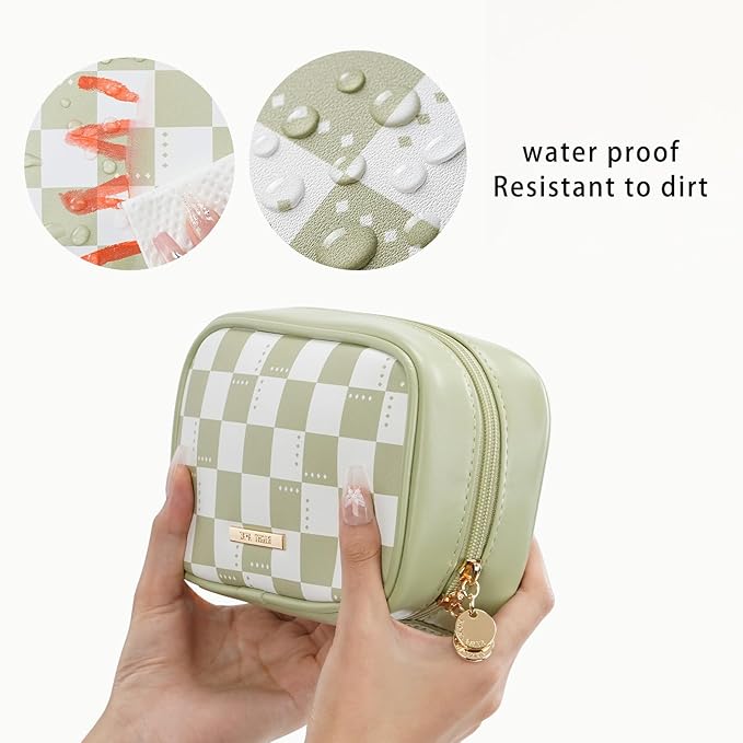RIGHT AWAY Checkered Makeup Bag for Purse,Small Cosmetic Bag Organizer for Women, Travel Make Up Pouch Waterproof Toiletry Bag Cute Makeup Case for Travel Accessories(Green Checkerboard)