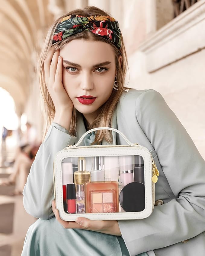 Clear Makeup Bag, Portable Travel Cosmetic Bags, Multipurpose Leather Toiletry Bag with Zipper, Waterproof Transparent Cosmetic Organizer for Women, Medium, Beige