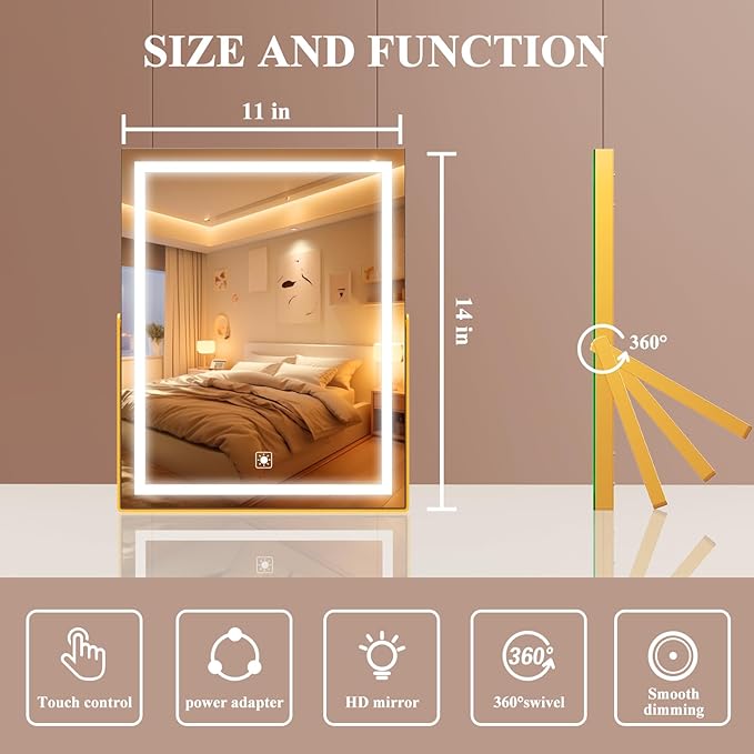 Vanity Mirror with Lights, 11"× 14" LED Makeup Mirror, Lighted Makeup Mirror with Lights, Smart Touch Control Dimmable 3 Modes Light 360°Rotation Gold