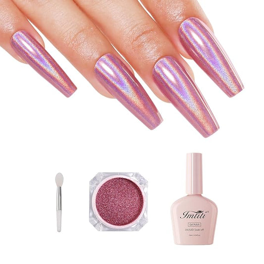 Imtiti Holographic Rose Gold Chrome Nail Powder Kit,1g Holo Iridescent Pink Meatllic Mirror Effect Powder with 10ml White Color Gel Polish Metal Nail UV DIY Kit