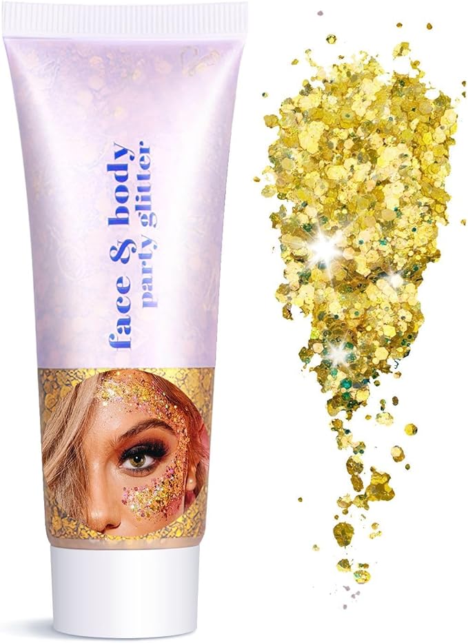 Body Face Glitter Makeup for Kids Women, Sparkly Chunky Hair Glitter, Mermaid Birthday Decorations Rave Outfits for Women (Gold Body Glitter)