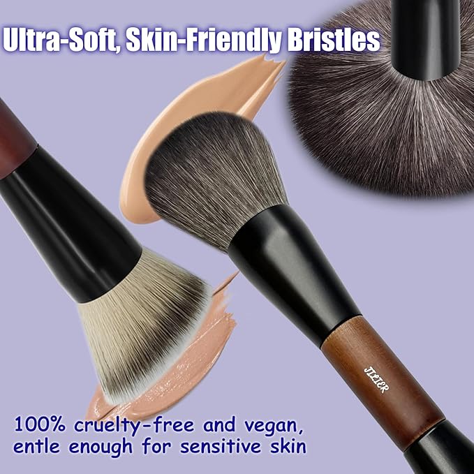 Double Ended Foundation Brush & Blending Brush for Makeup, Soft, Dense Bristles for Sensitive Skin, Duo Blush Brush for Liquid, Powder, Cream, Blending, Buffing–Travel-Friendly, Kabuki Makeup Brushes