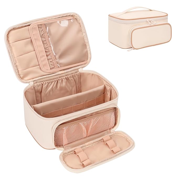 OCHEAL Makeup Bag, Multifunctional Make Up Bags Large Compact Makeup Bag Organizer Cosmetics Toiletry Brushes Storage Case for Women Girls Makeup Case with Handle Divider- Beige