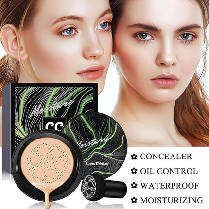 Air Cushion CC Cream Mushroom Head Foundation Makeup, BB Cream Face Makeup Foundation Natural Coverage, Moisturizing Matte Concealer, Tattoo cover up, Even Skin Tone for All Skin Types(2 PCS Natural)