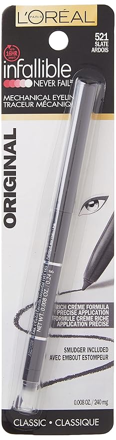 L'Oreal Paris Makeup Infallible Never Fail Original Mechanical Pencil Eyeliner with Built in Sharpener, Slate, 0.008 oz. (Pack of 2)