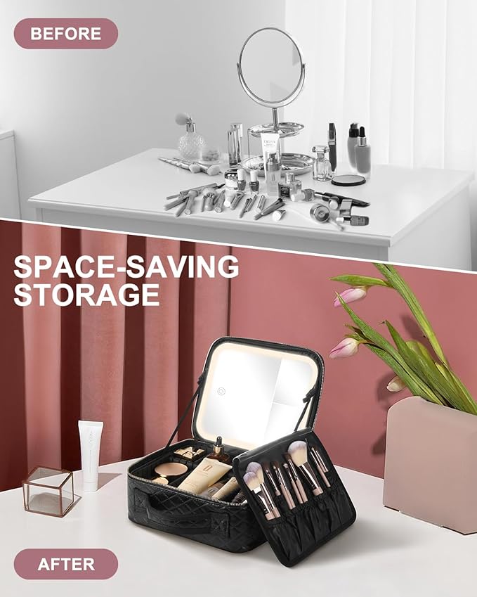 Makeup Bag with LED Mirror, Makeup Organizer Train Case with 1X,2X,3X Vanity Mirror, Adjustable Brightness in 3 Color Settings, Portable Make up Bag with Brush Holder & Storage Dividers, Black
